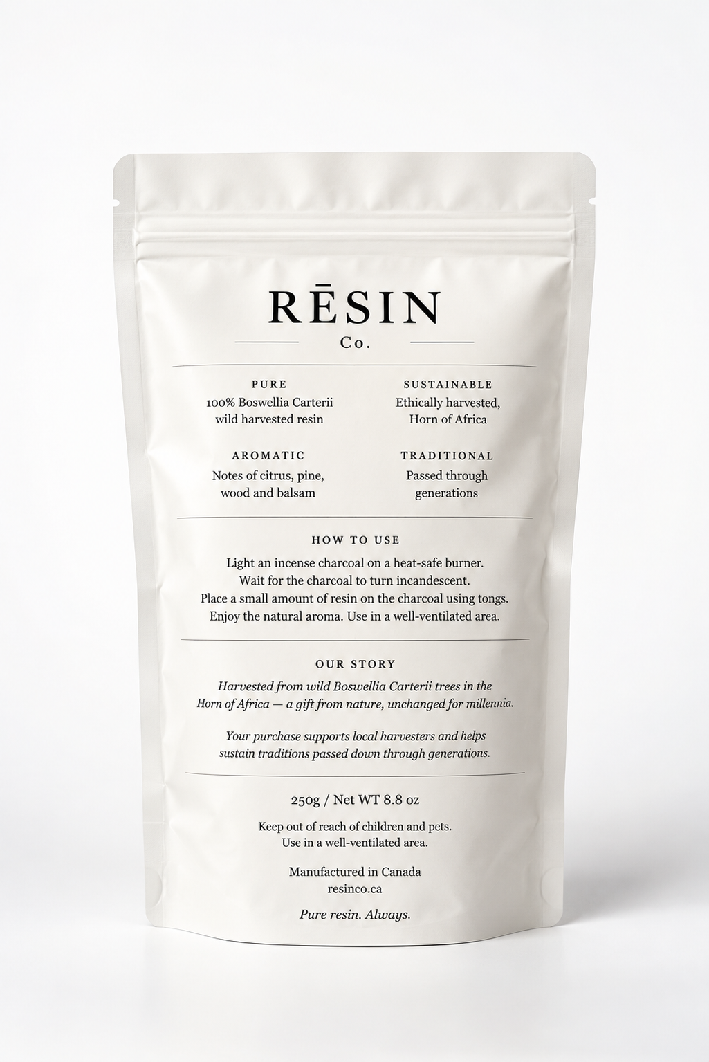 Back of pouch — how to use and our story
