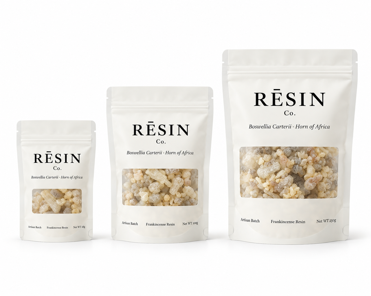 Frankincense Resin — 28g, 100g and 250g pouches side by side