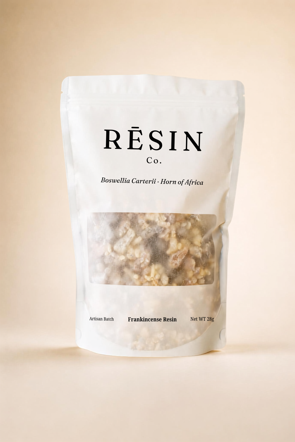 RĒSIN Co. Frankincense Resin pouch on warm cream background